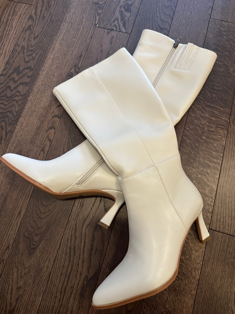 Knee High Pointed Toe Low Kitten Heel Cream Ecru Boots - Picture 9 of 9